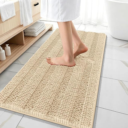 OLANLY Thick Bathroom Runner Rugs 47x20, Soft Chenille Bath Rugs, Beige | Absorbent Striped, Rubber Backing, Machine Wash, Long Bath Mats for Bathroom Floor, Tub and Shower, Home Decor Accessories