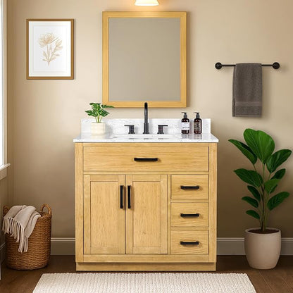 36-inch Natural Oak Bathroom Vanity with Sink, Solid Wood, 0.79-inch Stone Countertop and Backsplash, 4 Drawers, 2 Soft Closing Doors
