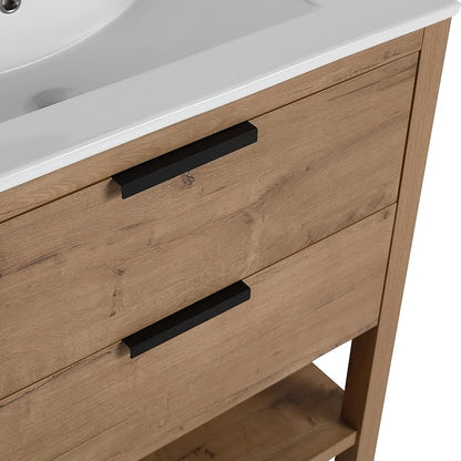 Free Standing Bathroom Vanity with Sink Modern 30" Bathroom Vanity with Top Basin&Storage Drawers Oak Wood Bath Vanity w/White Ceramic Sink for Small Bathroom Powder Room