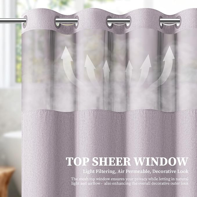 Lavender Ringless Linen Look Shower Curtain with Snap in Liner, 72x75 | 3 in 1 Modern Shower Curtain Set, Removable Liner, Waterproof & Washable, Mesh Top Window, Durable Fabric, Easy to Install