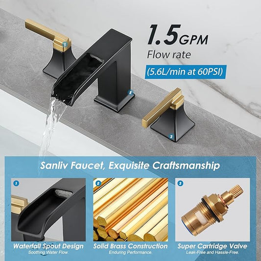 Black and Gold Bathroom Faucet 3 Hole, Sanliv Waterfall Bathroom Faucet, 8 Inch Widespread Bathroom Sink Faucet, Modern Two Handle Vanity Faucets with Pop Up Drain Black and Gold