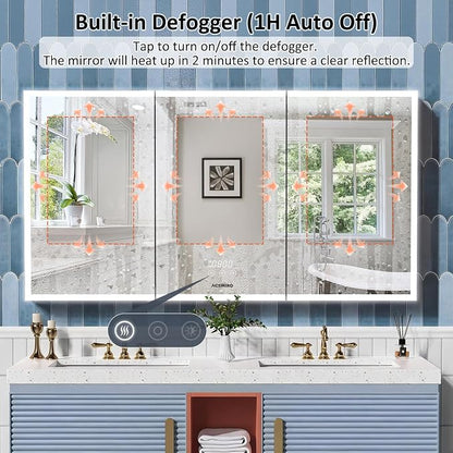 ACEMIRO 60"×32" Lighted Bathroom Medicine Cabinet with Mirror, Recessed Medicine Cabinet Mirror with Lights, Three Door LED Bathroom Mirror with Outlet & Clock, Dimming, Defogger, Memory Function