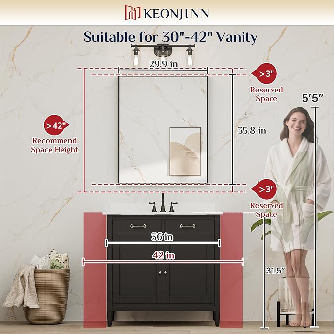 Keonjinn 30x36 Inch Black Bathroom Mirror for Over Sink, Rectangular | HD Tempered Glass, Vanity Mirror, Brushed Framed, Square Corner, Modern Farmhouse, Wall Mounted Mirrors, Aluminum Alloy
