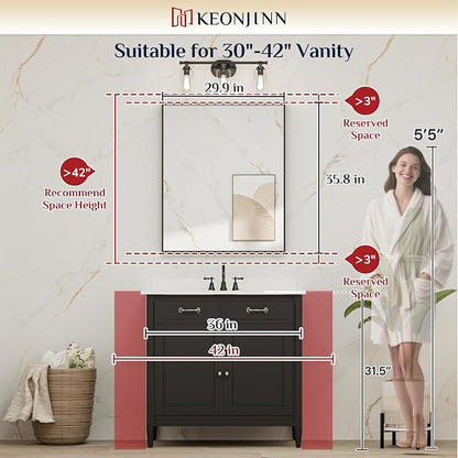 Keonjinn 30x36 Inch Black Bathroom Mirror for Over Sink, Rectangular | HD Tempered Glass, Vanity Mirror, Brushed Framed, Square Corner, Modern Farmhouse, Wall Mounted Mirrors, Aluminum Alloy
