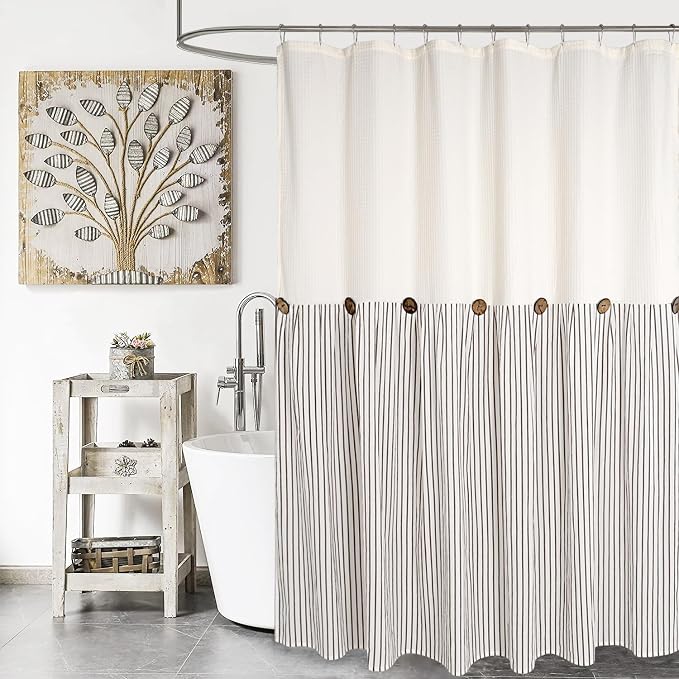DOSLY IDÉES Farmhouse Shower Curtain, Beige and Brown Striped, Button Curtain, Spa Waffle and Cotton Woven Fabric, Rustic Charm Country Chic Style, 72x78 in