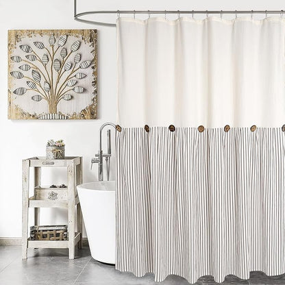 DOSLY IDÉES Farmhouse Shower Curtain, Beige and Brown Striped, Button Curtain, Spa Waffle and Cotton Woven Fabric, Rustic Charm Country Chic Style, 72x78 in