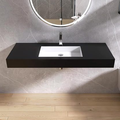 47"X19" Bathroom Sink with Single Faucet Hole, Stone Resin Wall-Mount or Floating Sink, Rectangle Solid Surface Countertop Vessel Sink with Mounting Brackets