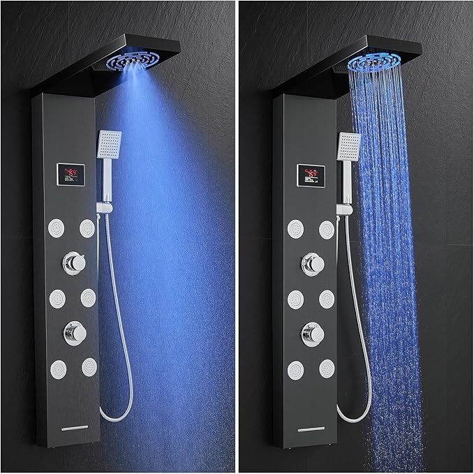 LED Rainfall Shower Tower System, Stainless Steel Hydroelectric Shower Panel Tower System (No battery need) with 6 Pcs Body Jets, Black