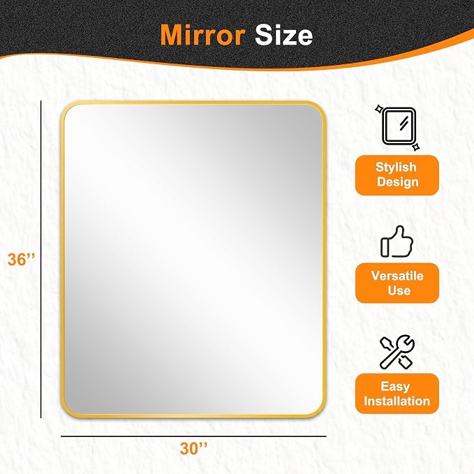Bathroom Vanity Mirror, Gold Framed Mirror for Over Sink, 36x30 | HD glass, distortion-free for makeup and grooming, Sturdy frame, all mounting hardware, hangs horizontal or vertical