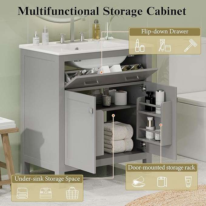 60" Grey Bathroom Vanity with Double Sink, 60 Inch Bathroom Vanity Set with Double Vanities (Separate), 2 Bathroom Vanities with Sink, Adjustable Shelf, Soft Close Doors and Flip Drawer