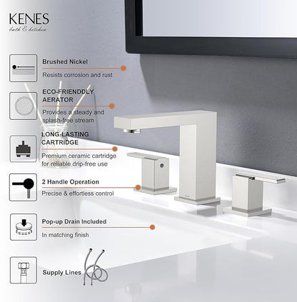 Brushed Nickel 8 Inch Widespread Bathroom Faucet 2 Handle 3 Hole | Bathroom Sink Faucet with Pop Up Drain & Supply Lines, Lead-Free cUPC & NSF Certified, 8 Inch Faucet for Vanity Restroom Sink