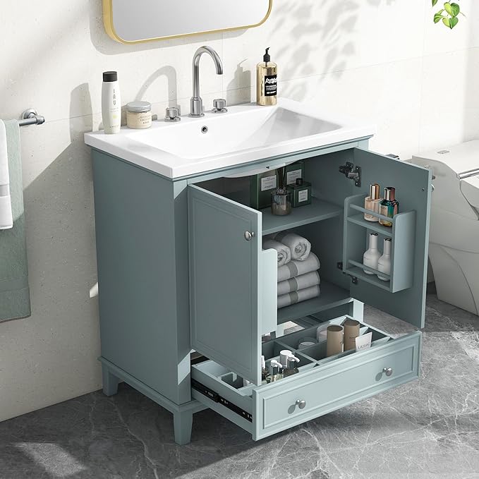 LUMISOL 30 Inch Bathroom Vanity with Sink Combo, Solid Wood Bathroom Cabinet with One Drawer and 2 Storage Doors, Multifunctional Organizers, Undermount Ceramic Sink, Green
