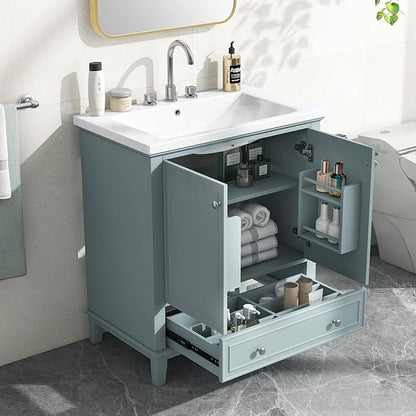 LUMISOL 30 Inch Bathroom Vanity with Sink Combo, Solid Wood Bathroom Cabinet with One Drawer and 2 Storage Doors, Multifunctional Organizers, Undermount Ceramic Sink, Green