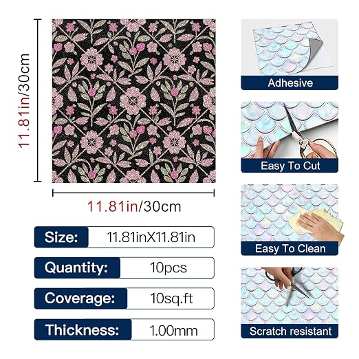 Black Pink Floral Peel and Stick Floor Tiles 12x12 Inch 10PCS | Pink floral vine pattern on a black background vinyl floor stickers for kitchen bathroom entryway and indoor home decor