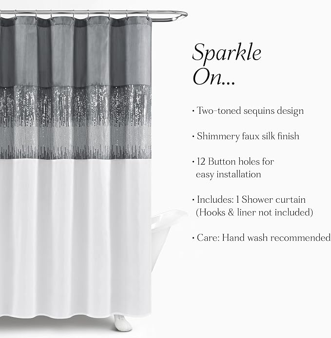 Lush Decor Night Sky Shower Curtain, Single, 72" W x 72" L, Gray & White - Sequin Shower Curtain - Sparkly Color Block Bath Curtain - Modern Glam Bathroom Decor