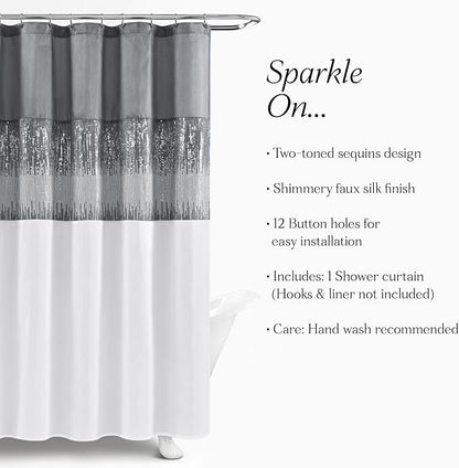Lush Decor Night Sky Shower Curtain, Single, 72" W x 72" L, Gray & White - Sequin Shower Curtain - Sparkly Color Block Bath Curtain - Modern Glam Bathroom Decor