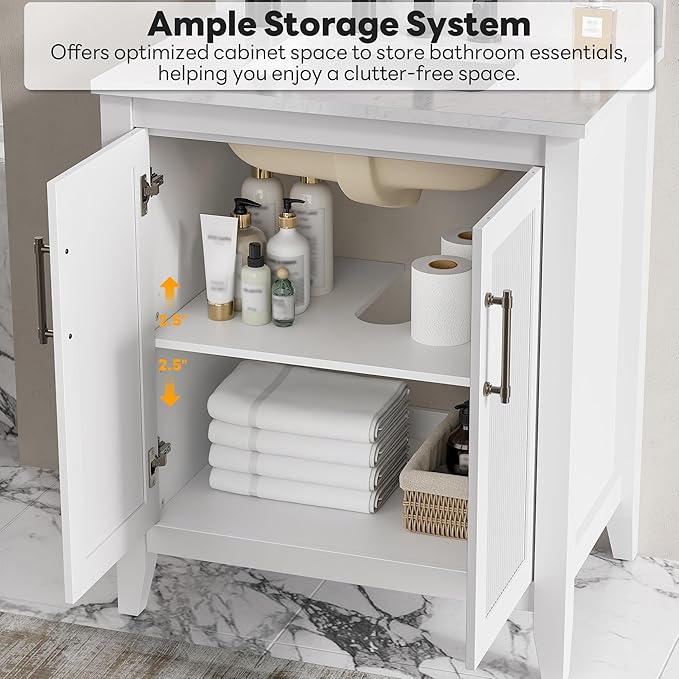 LIKIMIO 30" Bathroom Vanity with Sink, Freestanding Bathroom Vanity with 2 Soft-Close Doors, Engineered Stone Countertop with Undermount Ceramic Sink, Modern Stripe Design, Easy Assembly, White