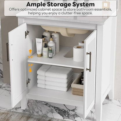 LIKIMIO 30" Bathroom Vanity with Sink, Freestanding Bathroom Vanity with 2 Soft-Close Doors, Engineered Stone Countertop with Undermount Ceramic Sink, Modern Stripe Design, Easy Assembly, White