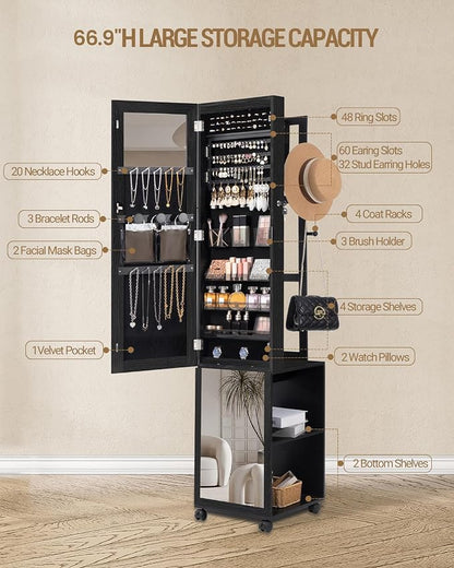 Hzuaneri 8 LEDs Jewelry Cabinet Armoire, 66.9-inch Jewelry Organizer | Lockable Full-length Mirror with Garment Rack & 4 Wheels, Storage Shelves with Hooks, 5-in-1, Black JC17004B