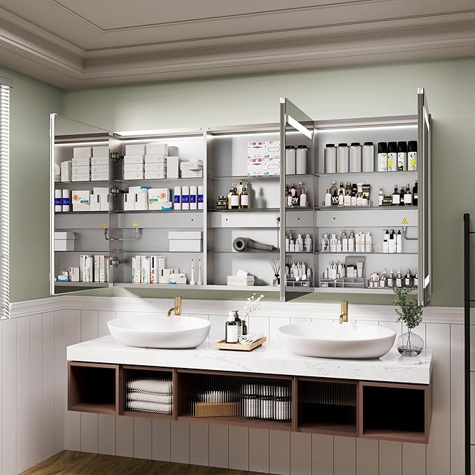 LED Medicine Cabinet Mirror, 60x30 Inch Bathroom Storage, Recessed/Wall Mount, Plug-in/Hardwired, 3 Color Dimmable Light, Anti-Fog, Time Temp Display