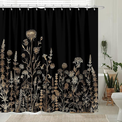 Vintage Black and Gold Boho Shower Curtain, Black and Tan Cream Floral Aesthetic Dark Wildflower Botanical Flowers Shower Curtain for Bathroom with Hook,Farmhouse Plant Art Chic Shower Curtain 72X72