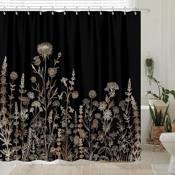 Vintage Black and Gold Boho Shower Curtain, Black and Tan Cream Floral Aesthetic Dark Wildflower Botanical Flowers Shower Curtain for Bathroom with Hook,Farmhouse Plant Art Chic Shower Curtain 72X78