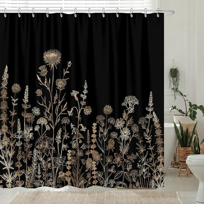 Vintage Black and Gold Boho Shower Curtain, Black and Tan Cream Floral Aesthetic Dark Wildflower Botanical Flowers Shower Curtain for Bathroom with Hook,Farmhouse Plant Art Chic Shower Curtain 72X78