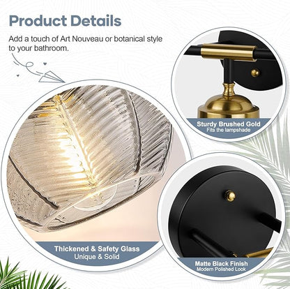 Bathroom Light Fixtures, 3-Light Smokegray Vanity Lights with Unique Leaf Texture Glass Shade, Modern Matte Black and Gold Bathroom Wall Lamp for Mirror Hallway Cabinet Living Room