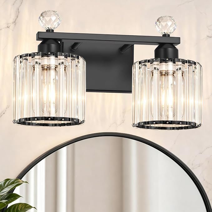 Lxybcce Modern Crystal Bathroom Vanity Light, 14In 2-Lights Bathroom Light Fixtures, Black Vanity Light Fixtures Over Mirror, Easy Installation & Shadow-Free Illumination for Bathroom Mirror Decor