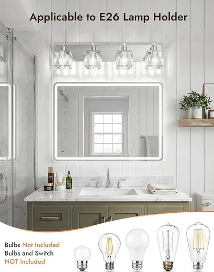 VOLISUN Chrome Bathroom Light Fixtures, Modern Stainless Steel Bathroom Lighting Fixtures Over Mirror, 4 Light Bathrooms Vanity Light, Crystal Vanity Light for Bathrooms-UL Certificated(Exclude Bulb)