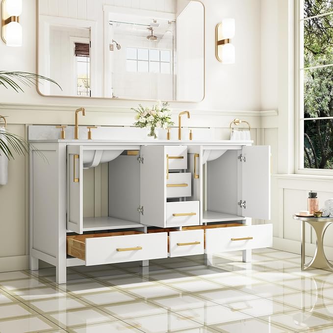 60-Inch Bathroom Vanity with Sink, 4 Soft-Close Doors and 6 Soft-Close Drawers, Bathroom Freestanding Vanity with Cultured Marble Countertop, White Vanity W/Gold Handles
