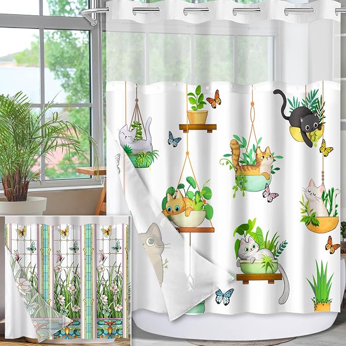 No Hook Shower Curtain Snap in Liner with 2 Replaceable Curtain Panels Pattern Waterproof Fabric Washable Shower Curtain Set for Bathroom Bathtub, Hotel Style with See Through Mesh Top Window 71 x 74"