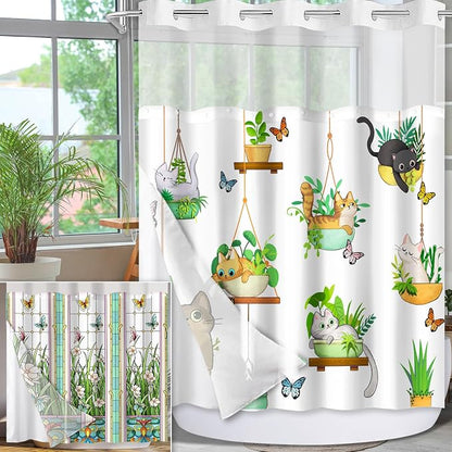 No Hook Shower Curtain Snap in Liner with 2 Replaceable Curtain Panels Pattern Waterproof Fabric Washable Shower Curtain Set for Bathroom Bathtub, Hotel Style with See Through Mesh Top Window 71 x 74"