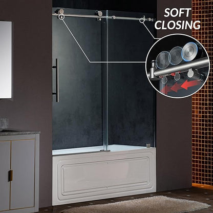 Woodbridge Frameless Single Sliding Shower Doors in Brushed Nickel Finish, 57.5-60" Width x 62" Height with 3/8"(10mm) Clear Tempered Glass, Soft Close System and Explosion-Proof Film, BSDC6062-B