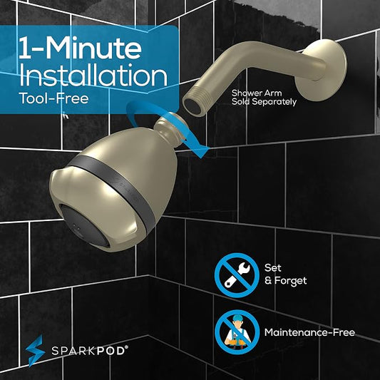 SparkPod High Pressure Shower Head, 3 Inch Fixed Showerhead, Brushed Nickel | Rain, Pulsating & Combo Modes, Helps Boosts Low Water Pressure, Anti-Clog Nozzles, Easy Install