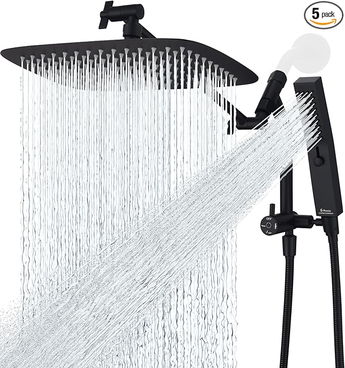 G-Promise 12 Inch All Metal Rain Shower Head with Handheld (Matte Black) | Suits Every Height, Pause Mode Diverter, Massage Mode Handheld, Full Body Coverage, Easy to Install, Modern Bath Upgrade