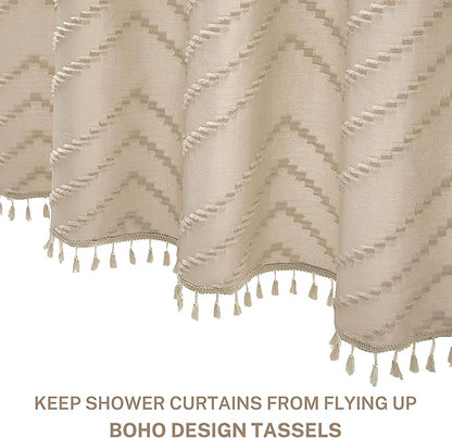 Extra Long Beige Boho Shower Curtain with Tassel, Woven Fabric 90 in, Tufted Chevron Striped, 72 x 90, Modern Chic Textured Minimalist Bathroom