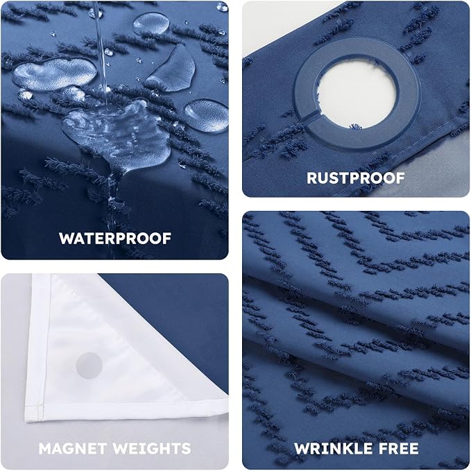 FADOTY Blue No Hook Shower Curtain Set with Snap in Liner, 71'' x 74'' | Bathroom Hotel Fabric Curtain, Waterproof Washable Liner, See Through Top Window, Ringless Chevron Tufted Cloth Curtain