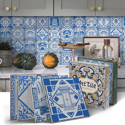 Easy Peel Stick wall Tile Stickers 6x6in Stick on backsplash Tiles,12Pcs | removable blue3D tile for kitchen RV bathroom laundry backsplash decor,Ultra-high-definition printed pogada pattern