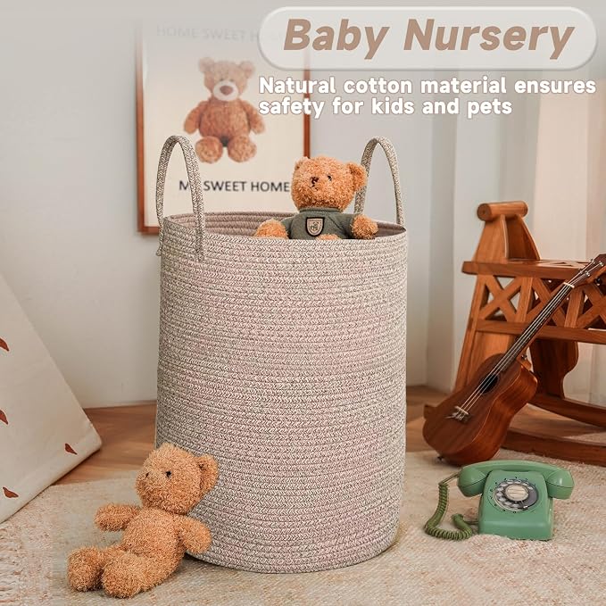 JMvicyroam 100L Cotton Rope Laundry Basket Hamper, Oatmeal | Collapsible laundry basket, reinforced handles, freestanding, machine washable, holds 3-5 thick blankets, clothes or toys