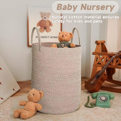 JMvicyroam 60L Cotton Rope Laundry Basket Hamper, Oatmeal | Collapsible laundry basket, reinforced handles, freestanding, machine washable, holds 3-5 thick blankets, clothes or toys