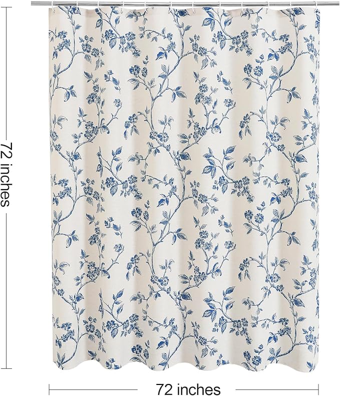 MitoVilla Blue Cotton Floral Shower Curtain for Bathroom, 72 x 72 | Blue BoHo Cottagecore Spring Shower Curtains, Modern Farmhouse Country Plant Leaves Bathroom Décor, 72 x 72