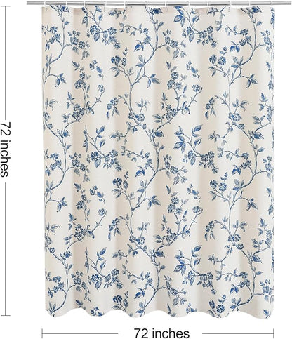 MitoVilla Blue Cotton Floral Shower Curtain for Bathroom, 72 x 72 | Blue BoHo Cottagecore Spring Shower Curtains, Modern Farmhouse Country Plant Leaves Bathroom Décor, 72 x 72