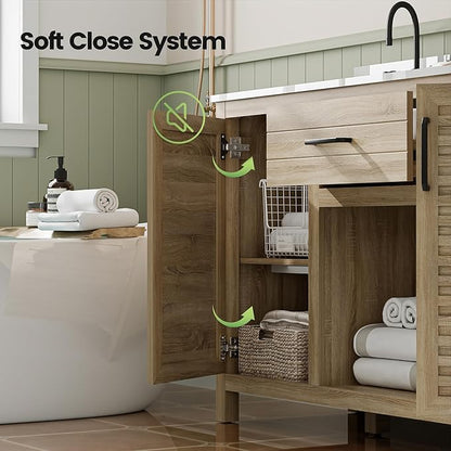 60" Brown Bathroom Vanity with Double Ceramic Sinks | Pre-Assembled Bathroom Vanity Cabinet with Quartz Countertop & cUPC Ceramic Basins, Modern Freestanding Bath Cabinet with Soft-Close Doors