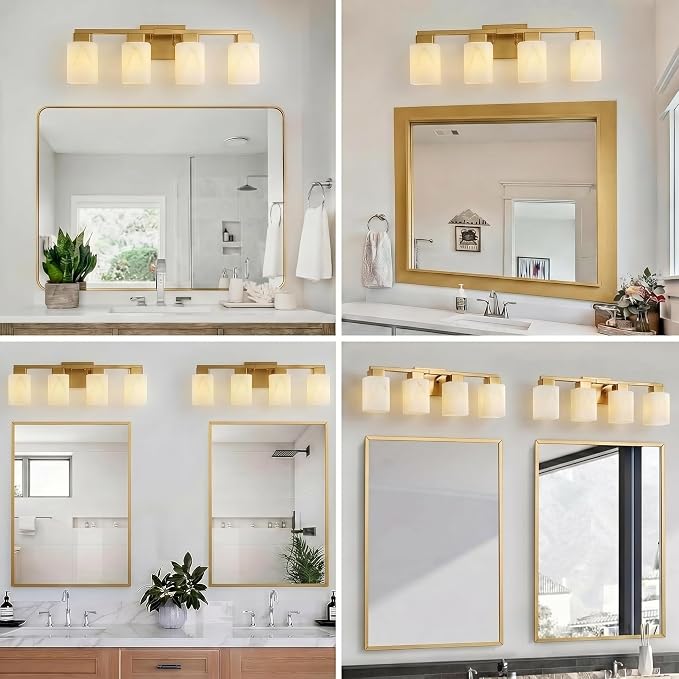 4-Light Square Bathroom Light Fixture, Gold Modern Vanity Light with White Marble Glass Shade, for Bathroom Mirror, Living Room, Bedroom, Hallway, E26 Base