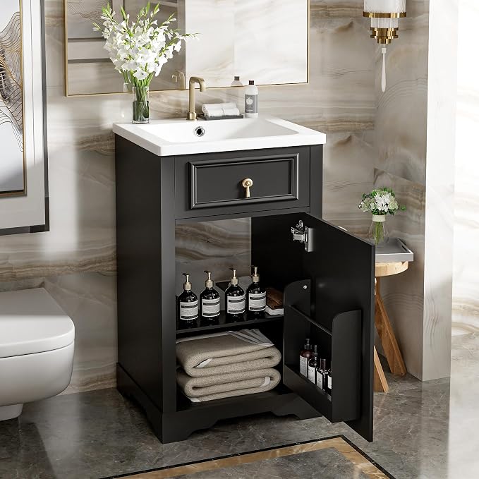 Merax Modern 20'' Bathroom Vanity with Single Sink Combo, Solid Wood Bathroom Storage Cabinet with Soft Close Door & Adjustable Shelf, Freestanding Vanities Set with Door-Mounted Storage Rack, Black