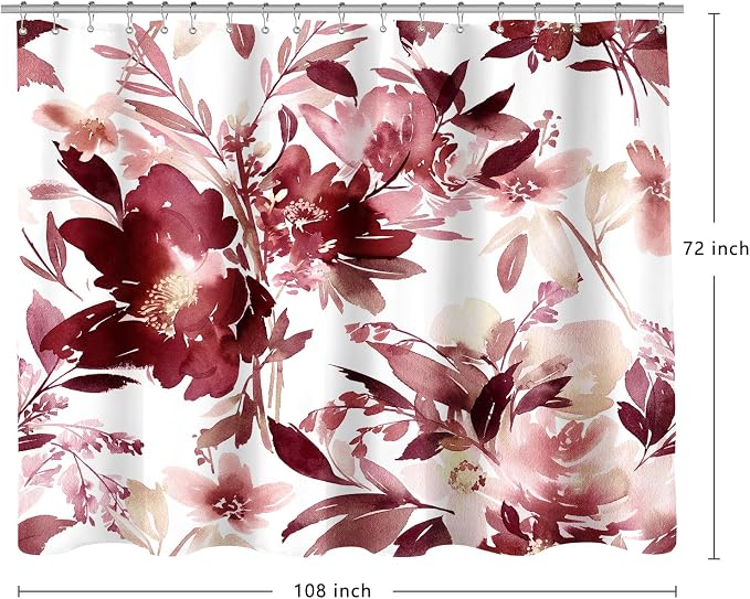 Extra Wide Flower Shower Curtain 108 x 72 for Claw Foot Tub, Burgundy Red | Modern Watercolor Floral 108 inch Long Shower Curtain Set with 18 Pack Plastic C-Hooks