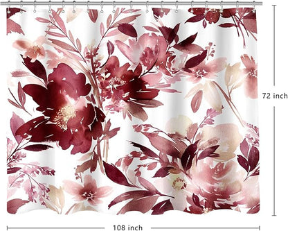 Extra Wide Flower Shower Curtain 108 x 72 for Claw Foot Tub, Burgundy Red | Modern Watercolor Floral 108 inch Long Shower Curtain Set with 18 Pack Plastic C-Hooks