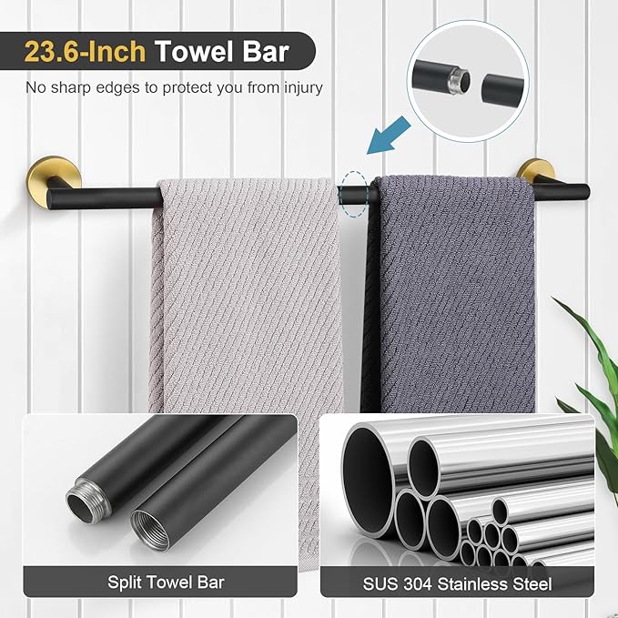 TQKAG Black and Gold Bathroom Hardware Set, 6-Piece Towel Bar Set 23.6 Inch | Towel Bar Set, Wall Mounted, Bathroom Accessories Set Include Paper Holders, Towel Rings, Towel Hooks, SUS304 Stainless Steel