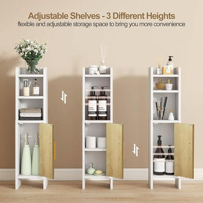 Bathroom Storage Cabinet, Small Corner Floor Cabinet with Fluted Door Narrow Toilet Paper Cabinet with Adjustable Shelves Wooden Slim Bathroom Organizers and Storage for Small Spaces, White